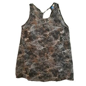 Island Beach Cover up Dress Womens Medium Brown Black Blue Abstract Rayon Tie